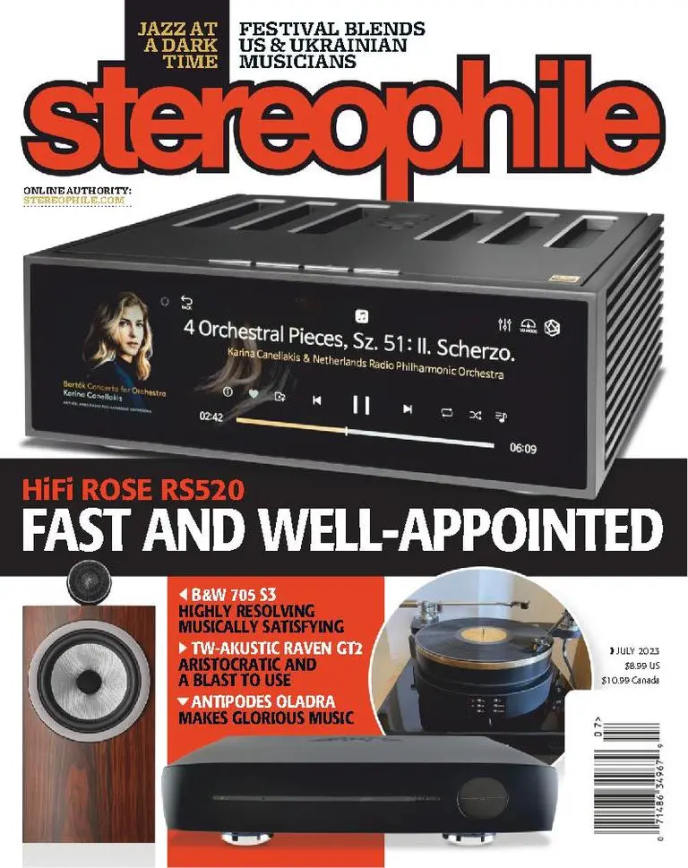July 2023 Stereophile cover featuring the HiFi Rose RS520 streaming integrated amplifier