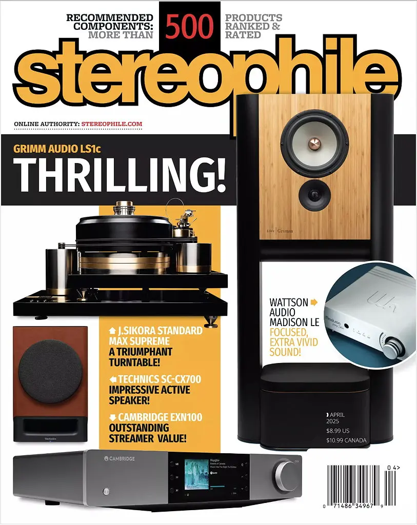 April 2025 Stereophile cover featuring the Grimm Audio LS1c loudspeaker system