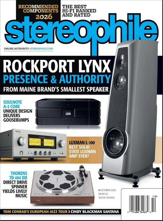 October 2026 Stereophile cover featuring the Rockport Lynx loudspeaker